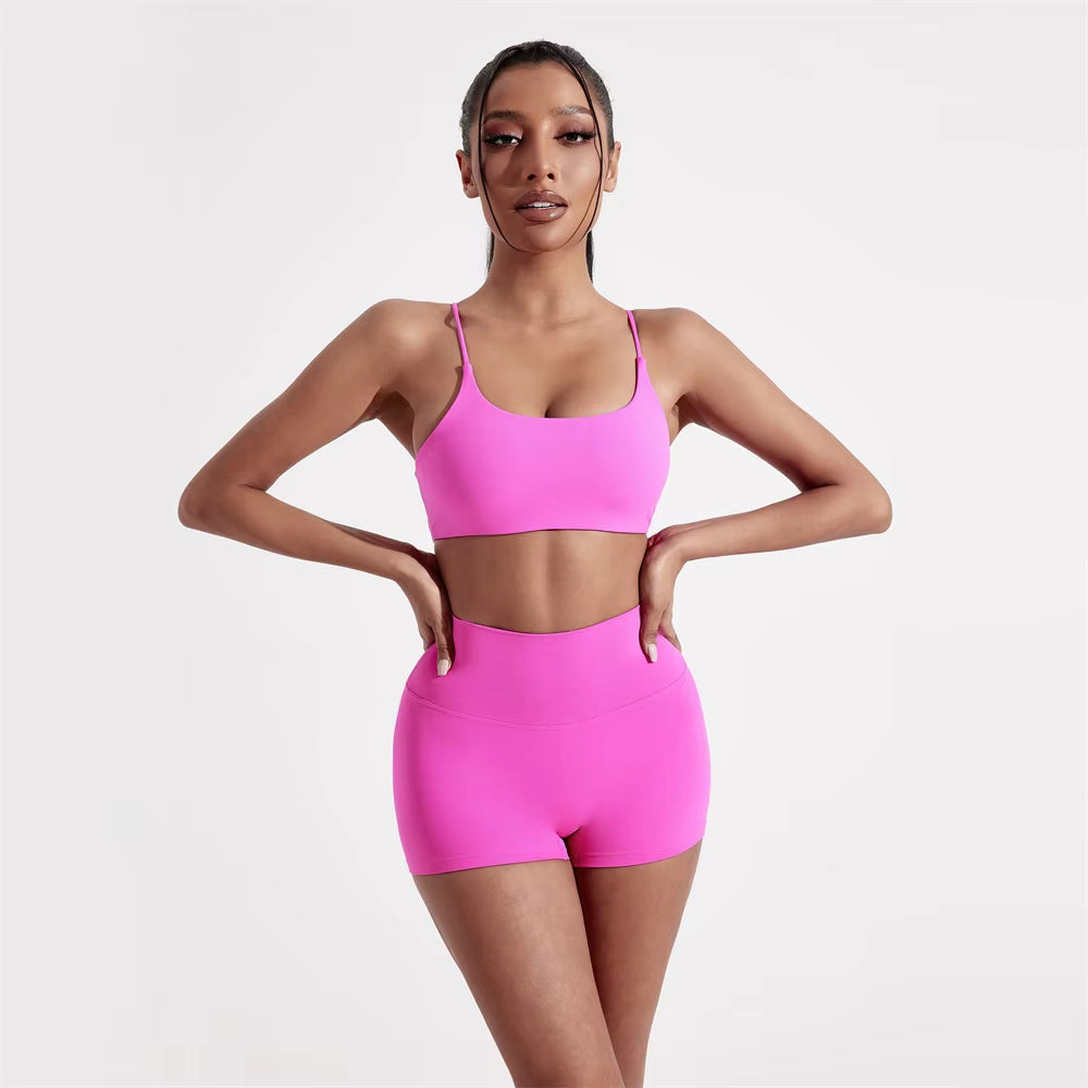 Solid Color Gym Yoga Set Women Yoga Set 2 Piece Workout Tracksuit Fitness Suit High Waist Legging Cross Back Sports Bra Athletic