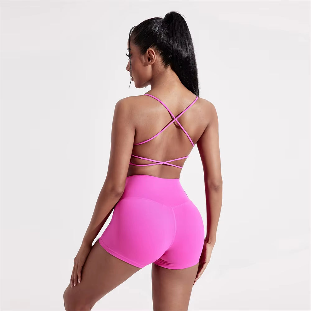 Solid Color Gym Yoga Set Women Yoga Set 2 Piece Workout Tracksuit Fitness Suit High Waist Legging Cross Back Sports Bra Athletic