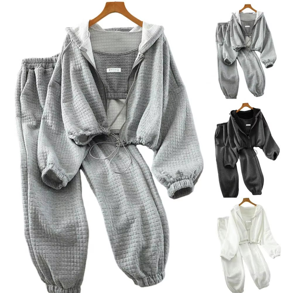 Pockets Jogging Suit Stylish 3-Piece Women'S Autumn Winter Sport Outfit Sling Vest Hooded Coat Elastic Waist Sweatpants Set